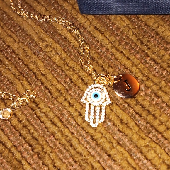 NWT Anoup Charm Neckace 👁 Letter J with Evil Eye & Hand in Gift Box - Picture 2 of 8